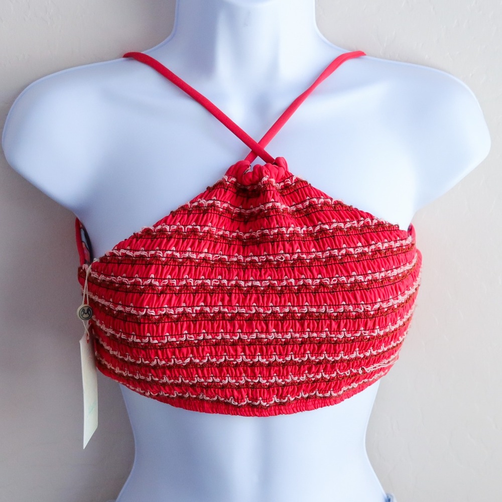 Maaji Bikini Top Womens Large Red Reversible Smocked Floral Halter 3011MTS NWT